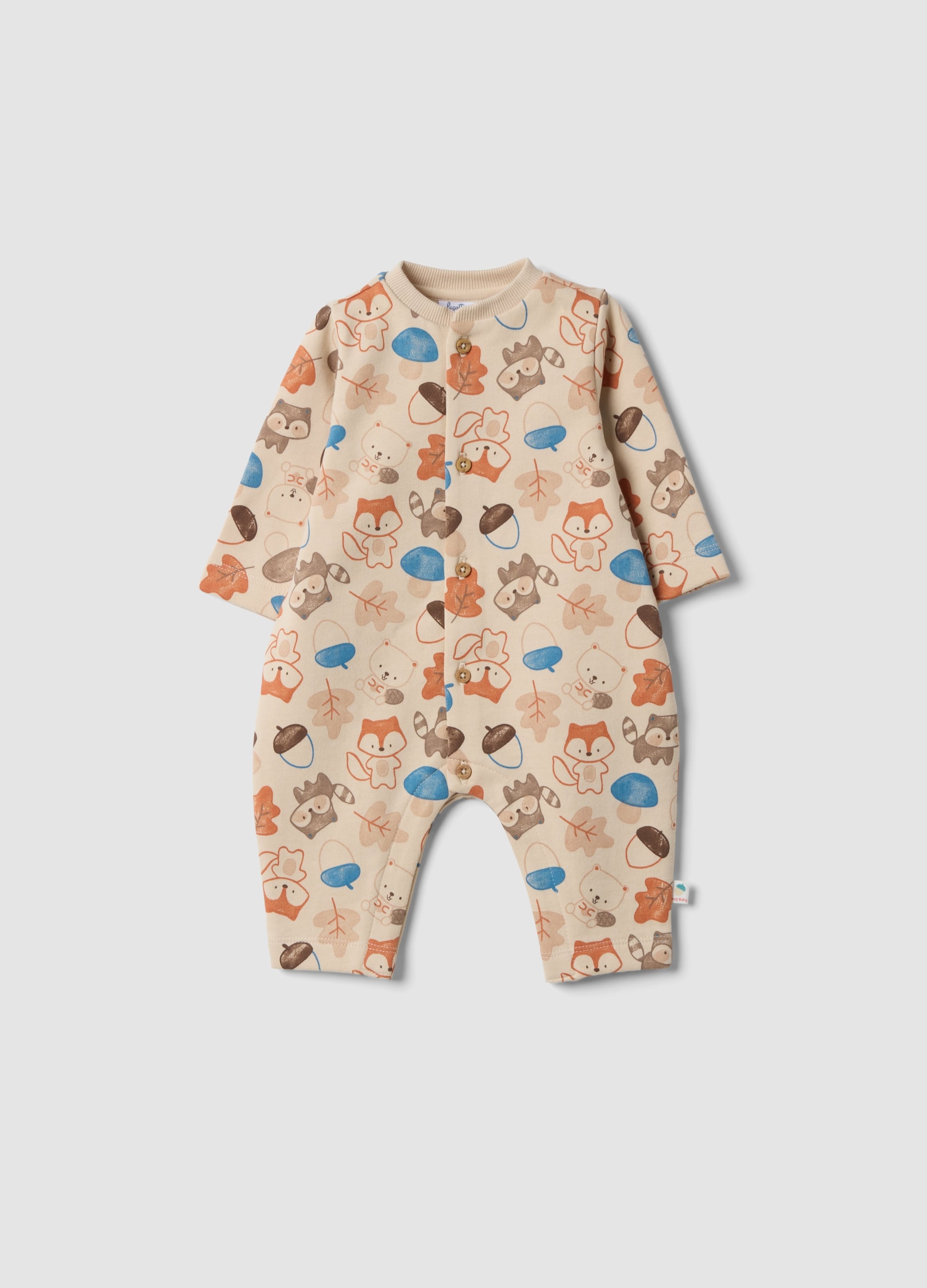 Tutina Beige In Puro Cotone Organico Con Stampa Animali