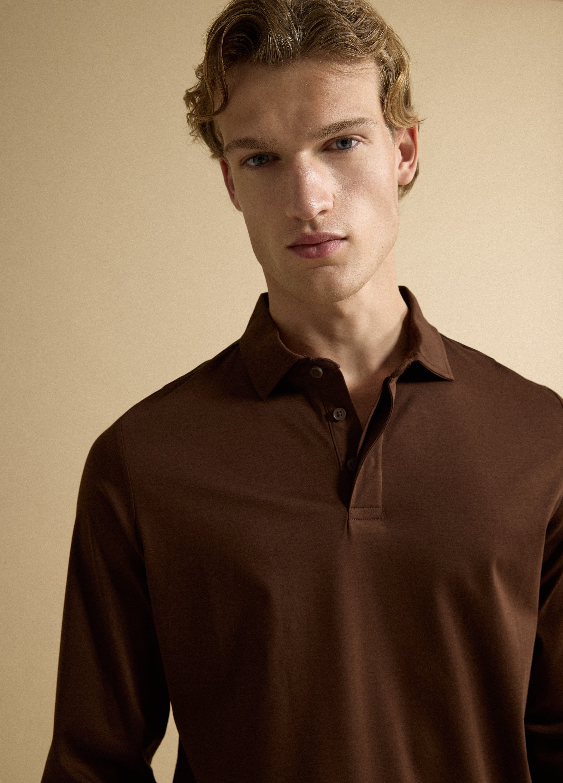 Polo Marrone In Puro Cotone A Maniche Lunghe