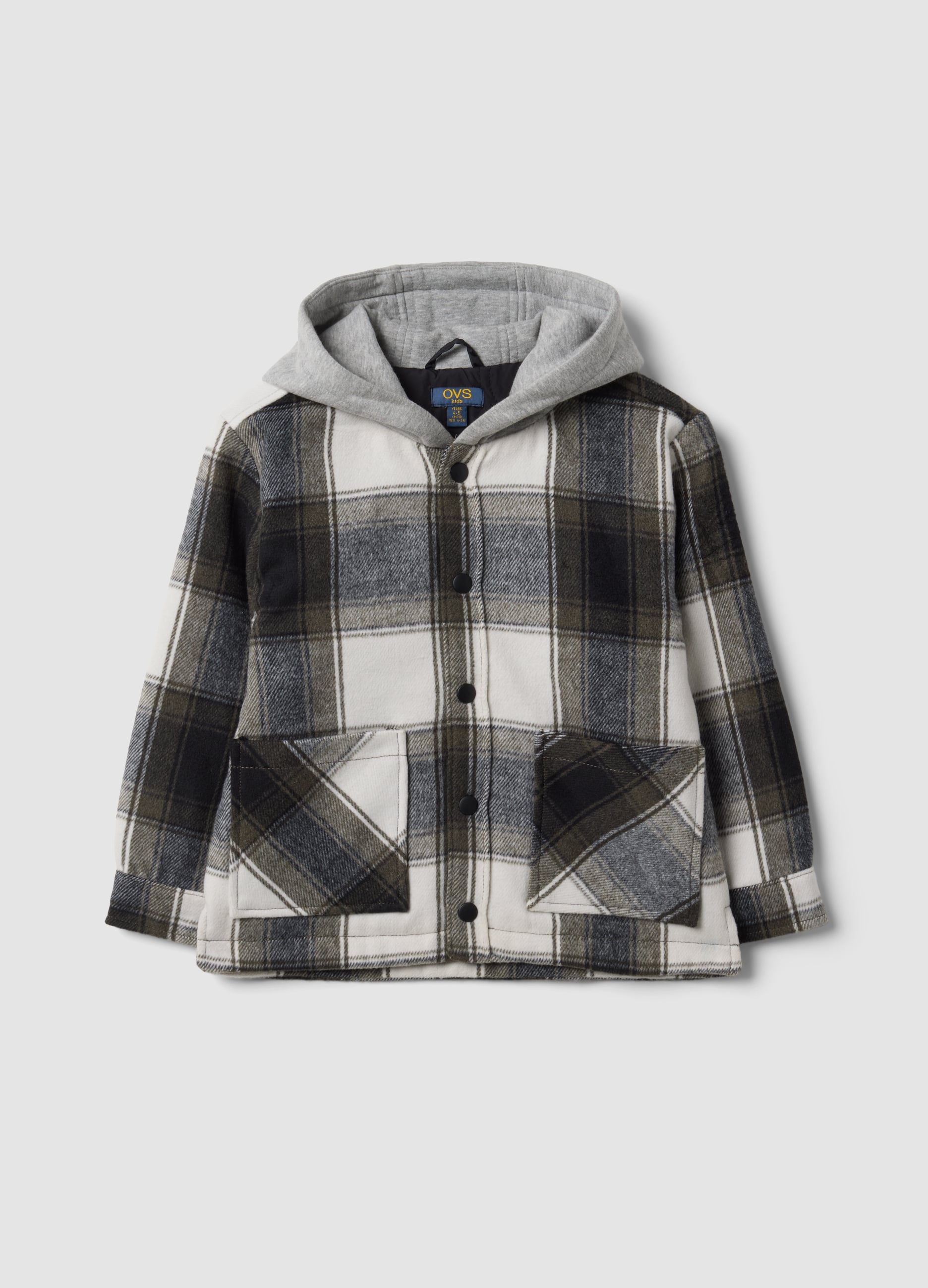 Shacket A Quadri Grigia Con Cappuccio E Imbottitura