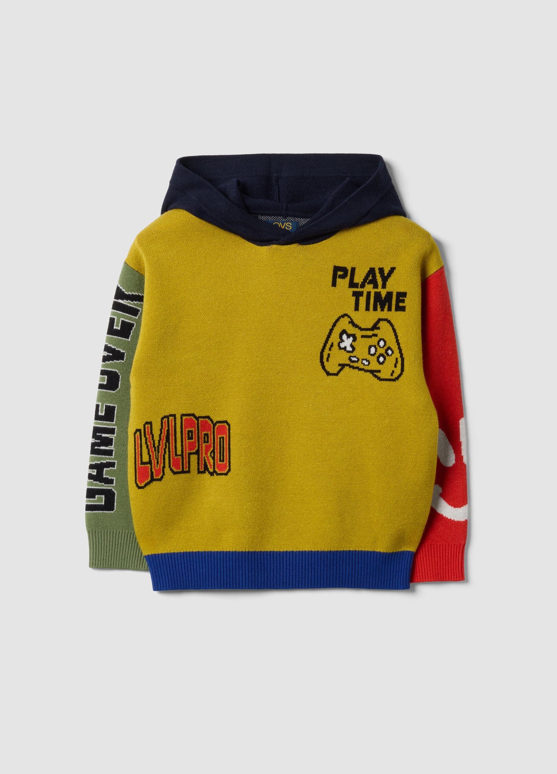 Maglia Con Cappuccio Giallo Senape, Blu Navy, Rosso E Verde Salvia In Misto Viscosa Girocollo