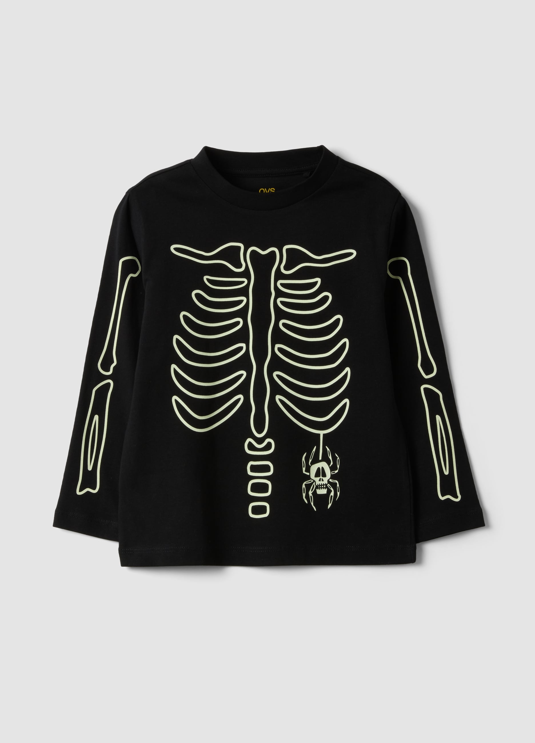 T-shirt Nera In Puro Cotone Con Girocollo E Stampa Scheletro