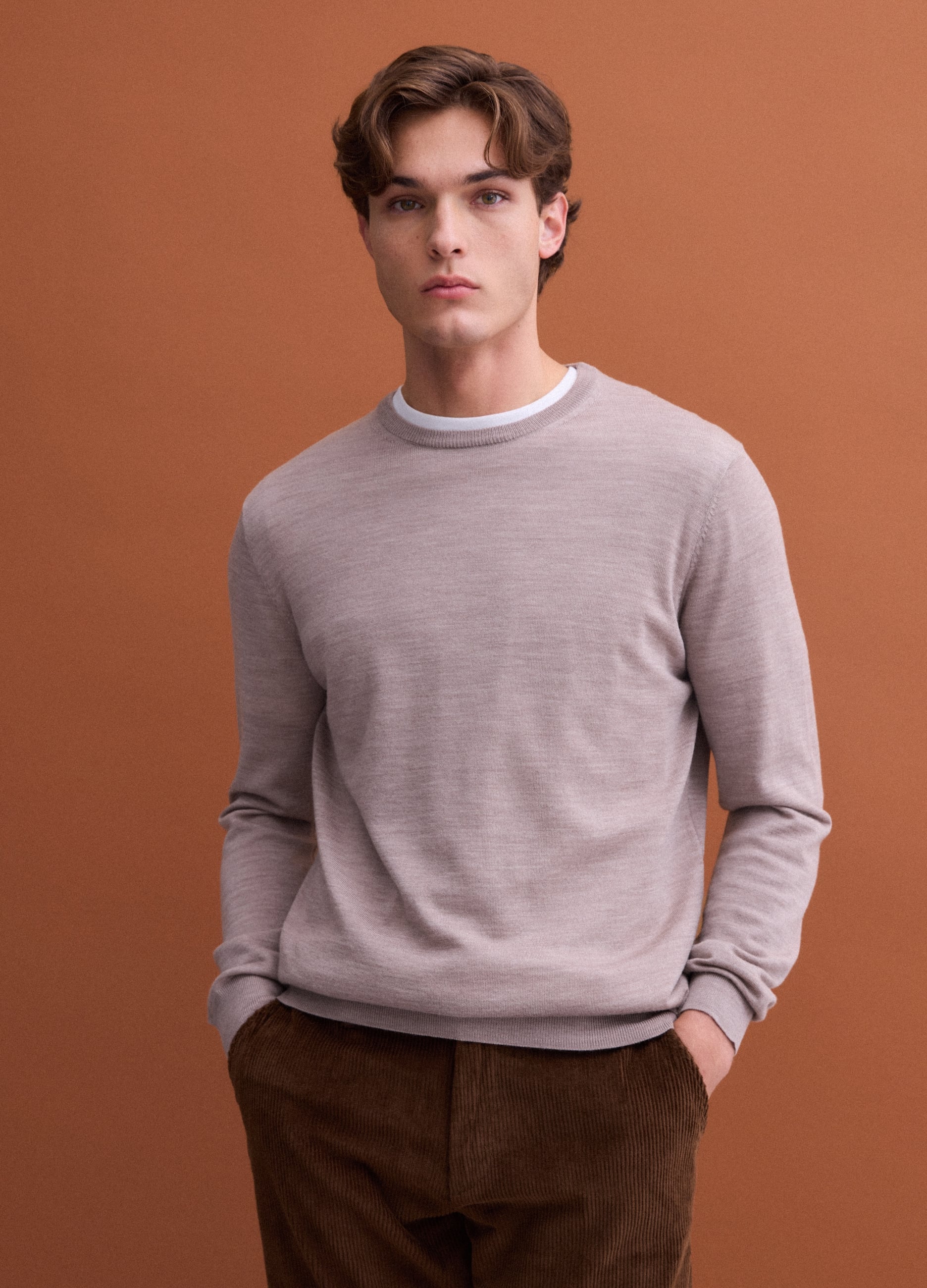 Maglia Beige Girocollo In Pura Lana Merino Regular Fit