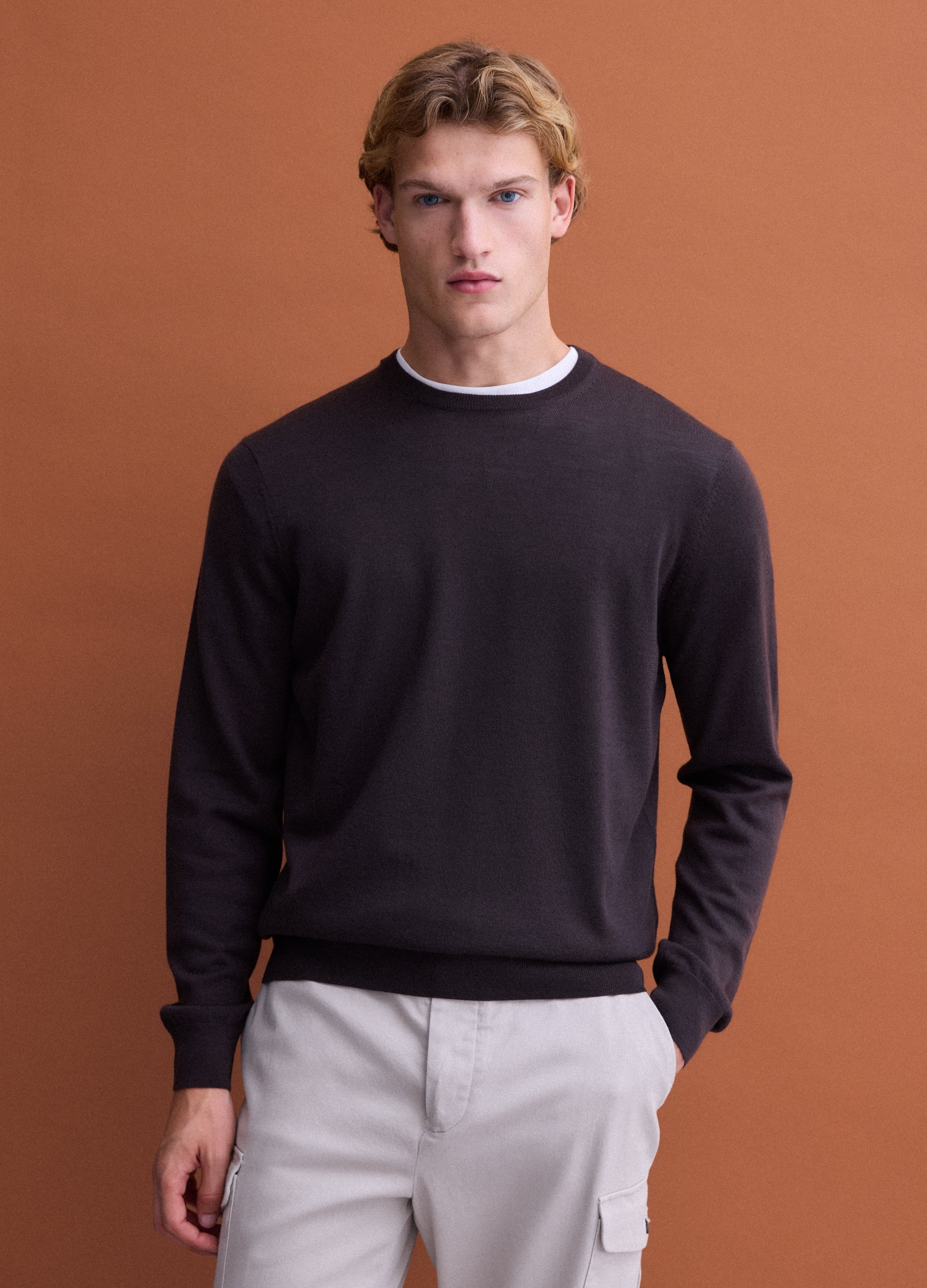 Maglia Marrone Girocollo In Pura Lana Merino Regular Fit