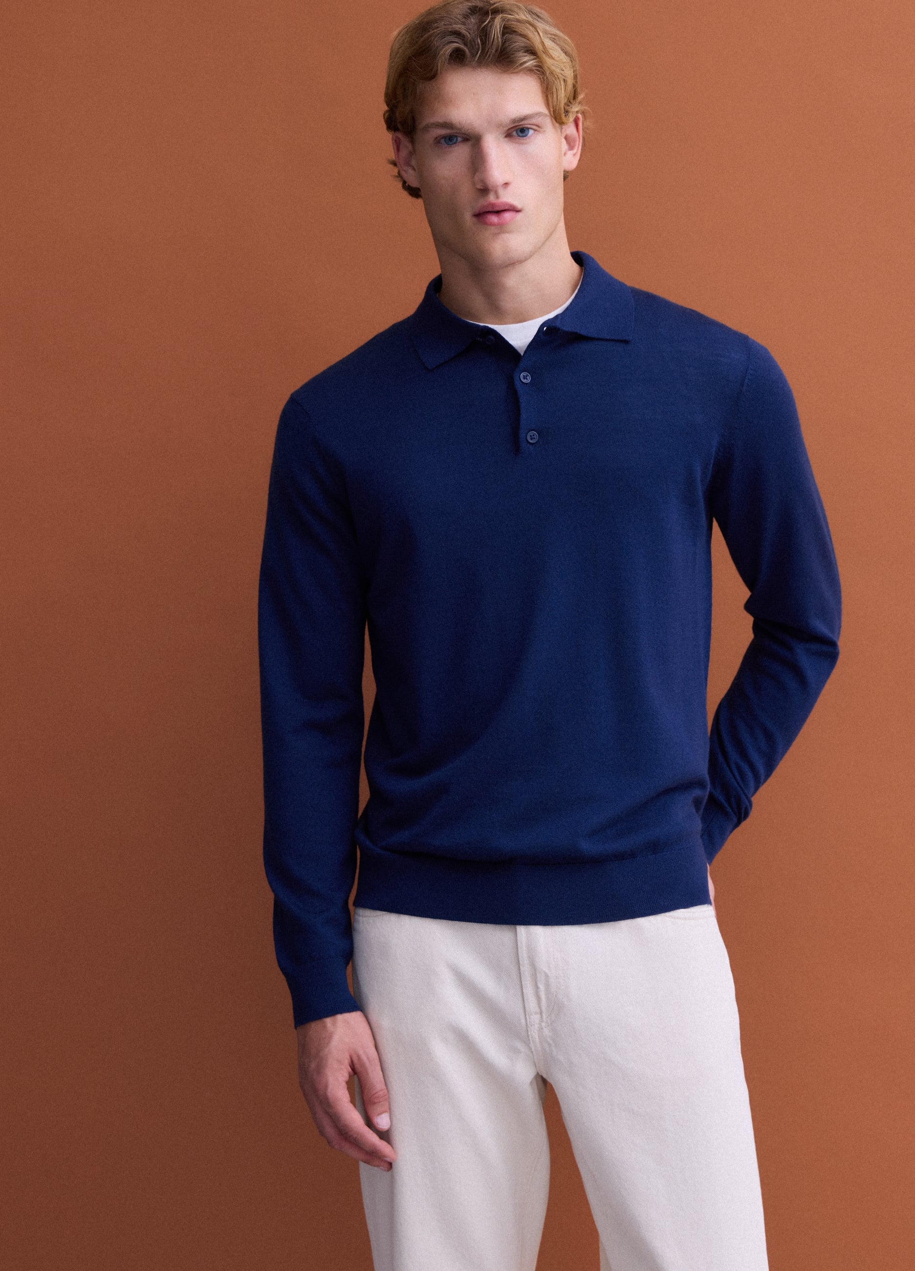Maglia Polo Blu In Pura Lana Merino Con Colletto Polo