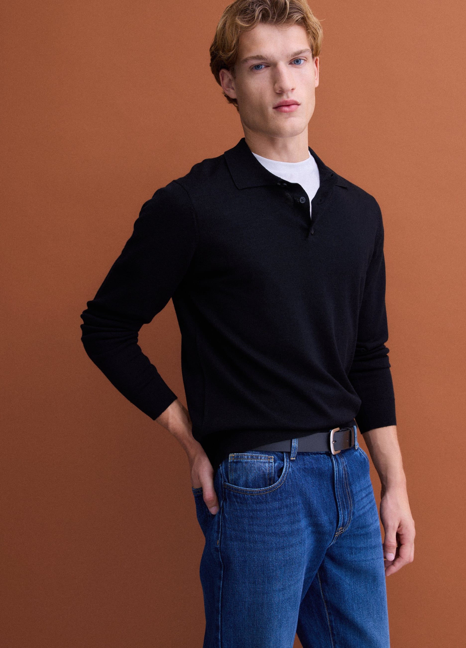 Maglia Polo Nera In Pura Lana Merino Con Colletto Polo