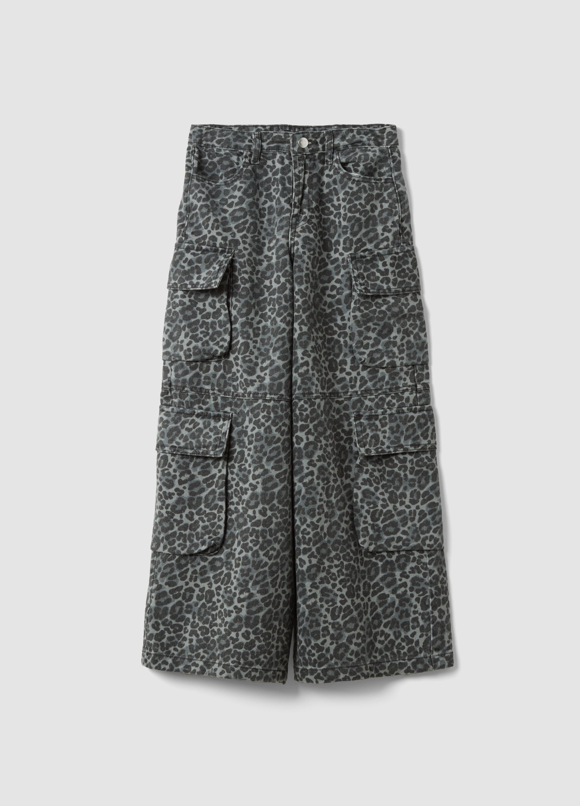 Pantaloni Cargo Grigi In Puro Cotone Con Fantasia Animalier
