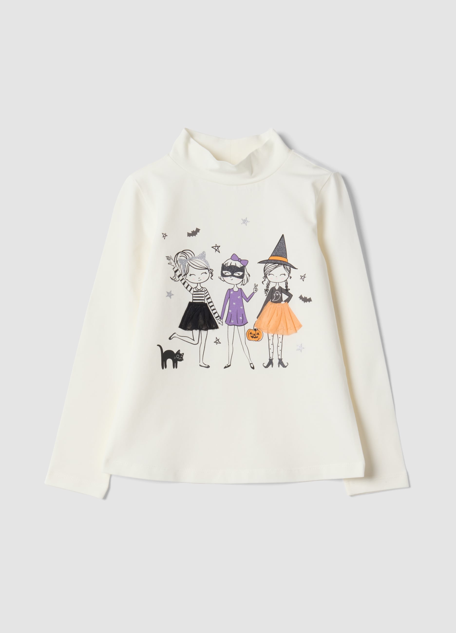 T-shirt Bianca In Cotone Elasticizzato Con Collo Rialzato