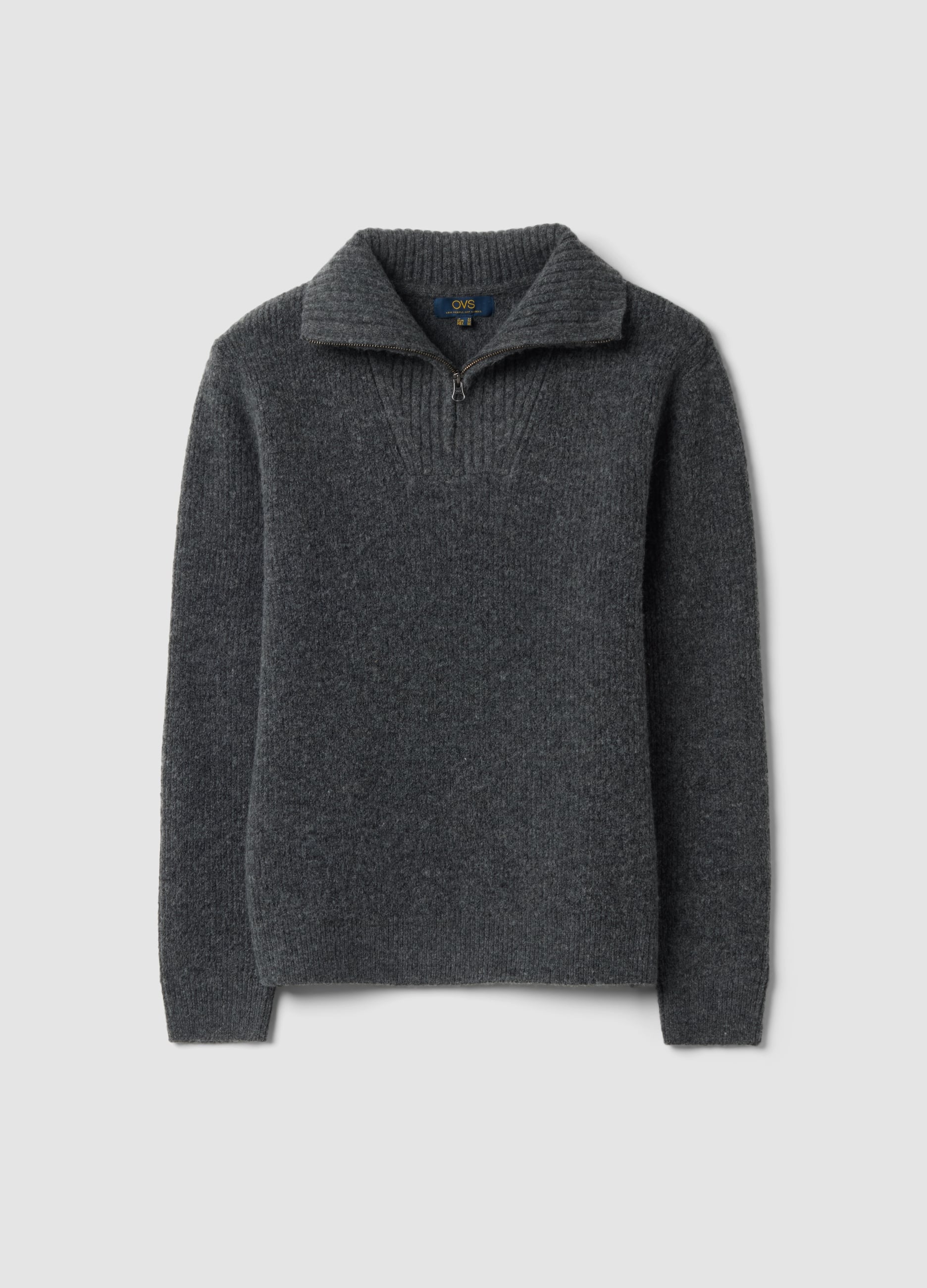 Half Zip Grigia In Lana Elasticizzata Regular Fit