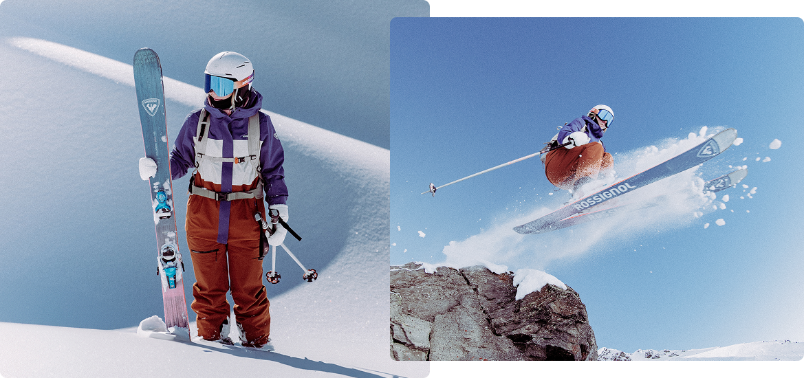 Skier wearing a Desafio 2L outfit, standing in the snow and holding a pair of Rossignol Rallybird Soul 102 skis. Skier performing a spectacular jump from a snow-covered rock, using Rossignol Rallybird Soul 102 skis, with snow spraying into the air and a clear blue sky in the background.