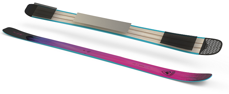Visual showing two views of a Sender Free 100&nbsp;ski : at the top, a cross-section illustrating the internal structure with the materials used; at the bottom, the ski’s exterior design featuring a gradient from purple to blue and branded elements.