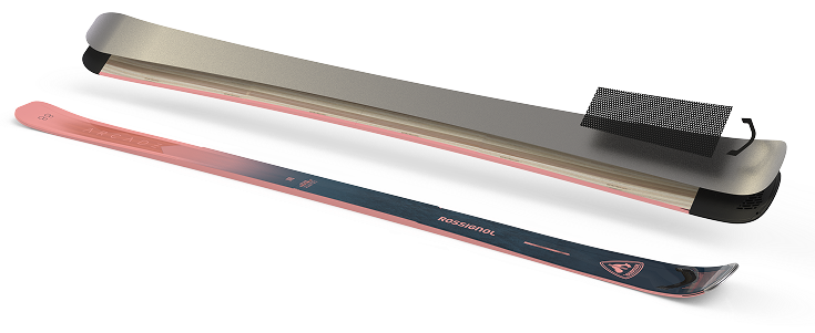 Visual showing two views of a &nbsp;ski : at the top, a cross-section illustrating the internal structure with the materials used.