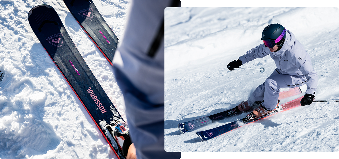 Close-up of a pair of Rossignol Arcade 88 skis lying on the snow. Skier in lavender Desafio 2L outfit making a turn on a snowy slope, using Rossignol Arcade 88 skis.
