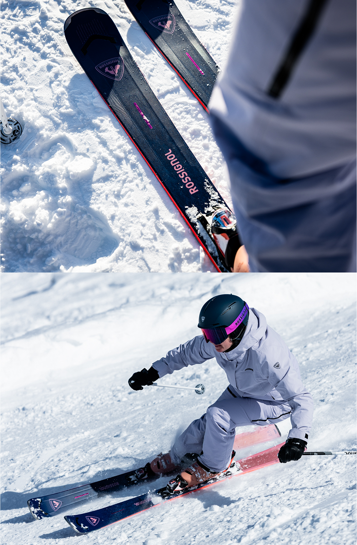 Close-up of a pair of Rossignol Arcade 88 skis lying on the snow. Skier in lavender Desafio 2L outfit making a turn on a snowy slope, using Rossignol Arcade 88 skis.