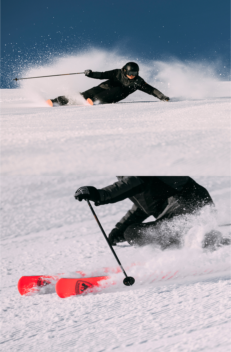 Skier in black outfit making a sharp turn on a snowy slope. Close-up of a skier using Forza 70° TI+ Master R22 skis on a snowy slope, with snow spraying around.