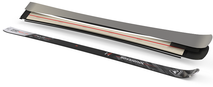 Visual showing two views of a &nbsp;ski : at the top, a cross-section illustrating the internal structure with the materials used.