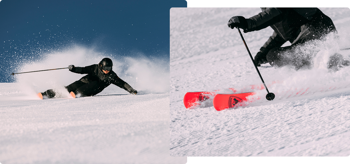 Skier in black outfit making a sharp turn on a snowy slope. Close-up of a skier using Forza 70° TI+ Master R22 skis on a snowy slope, with snow spraying around.