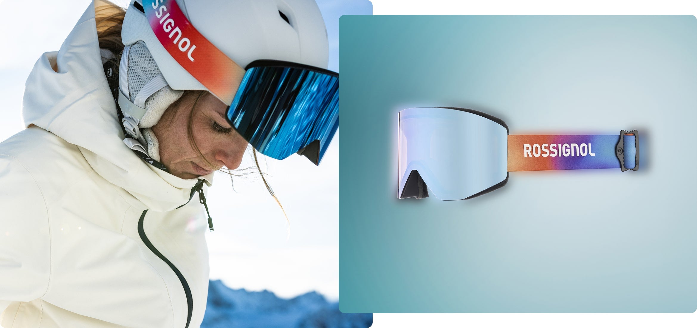 A person wearing a white helmet and reflective blue ski goggles, dressed in light-colored ski gear. On the right, a Rossignol ski goggle with a mirrored lens and a gradient strap from purple to orange is displayed against a plain background.