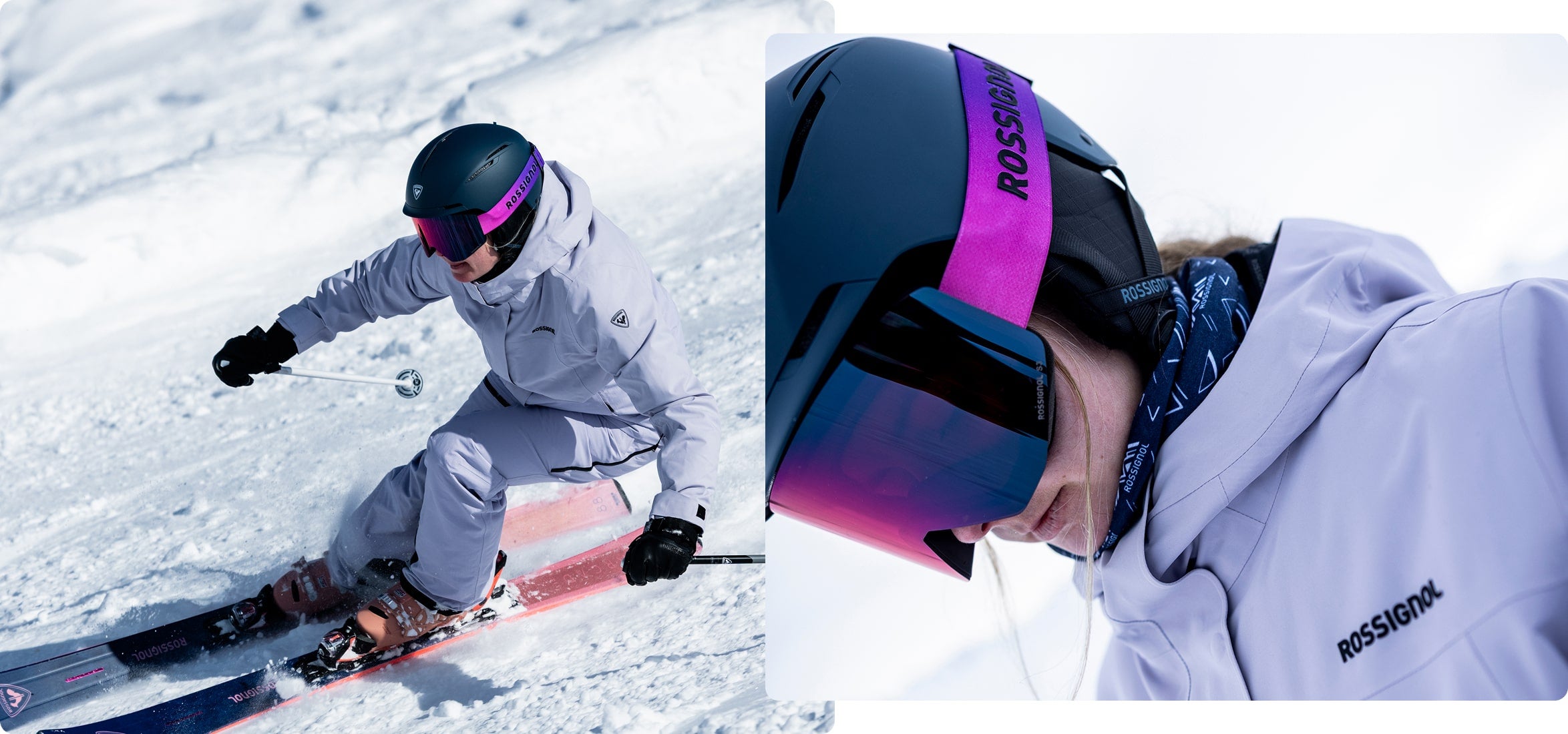 Sciatrice che scende una pista innevata ad alta velocità, equipaggiata con casco e sci Rossignol. Primo piano di una sciatrice che indossa un casco e una maschera Otava Rossignol, con una giacca lilla Desafio 2L.