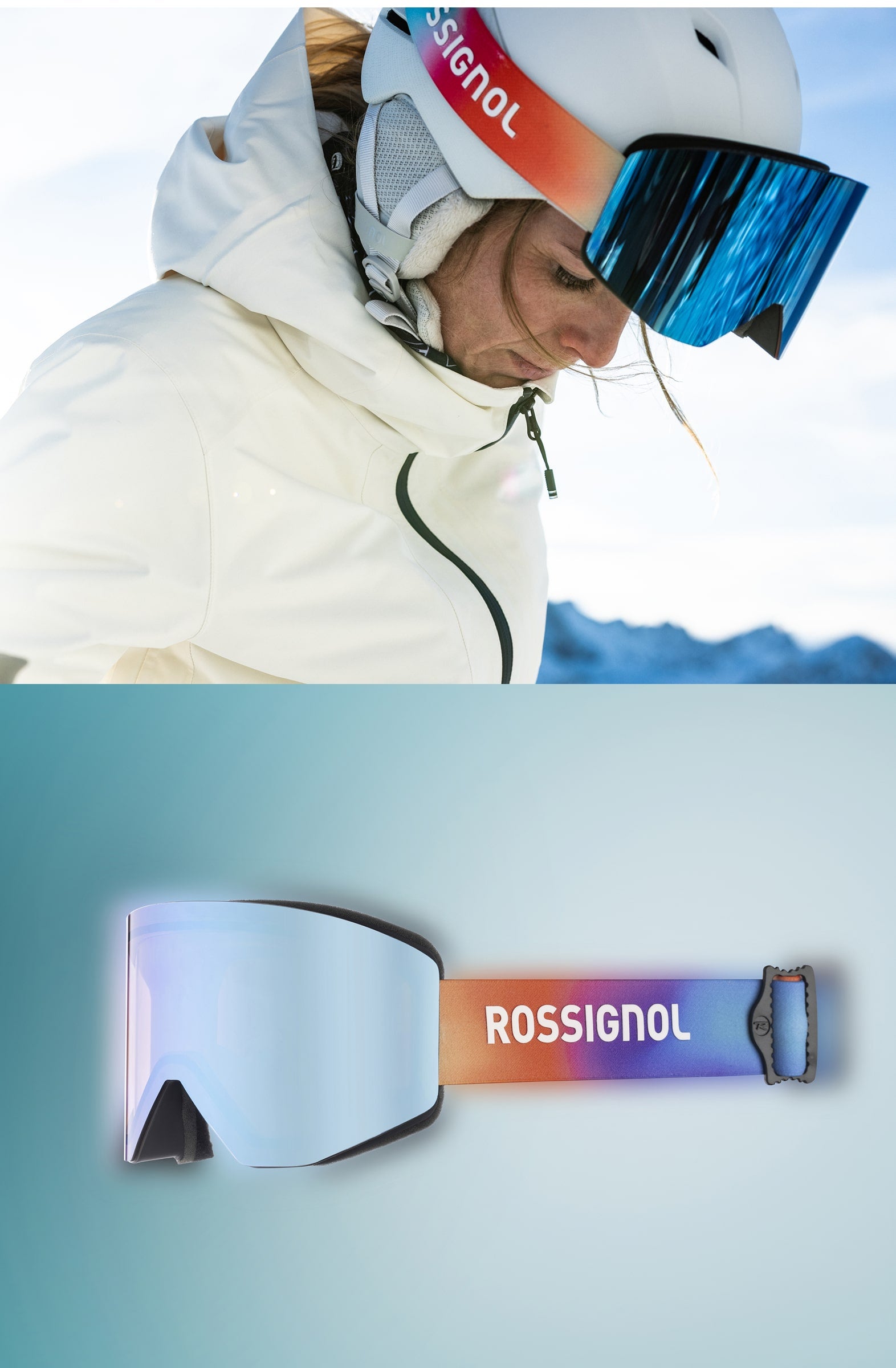 A person wearing a white helmet and reflective blue ski goggles, dressed in light-colored ski gear. On the right, a Rossignol ski goggle with a mirrored lens and a gradient strap from purple to orange is displayed against a plain background.