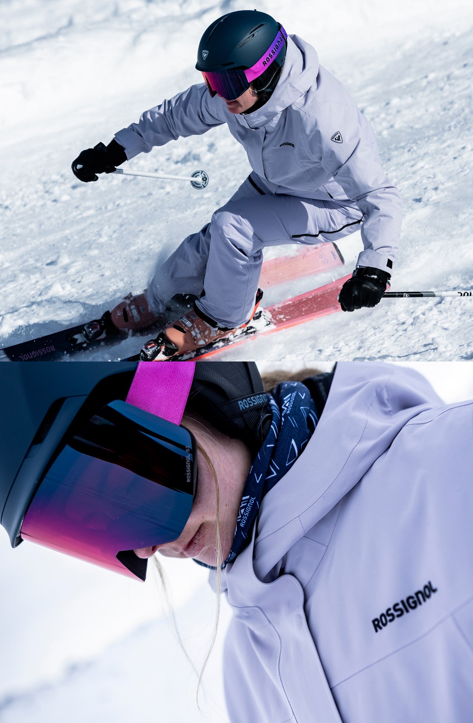 Sciatrice che scende una pista innevata ad alta velocità, equipaggiata con casco e sci Rossignol. Primo piano di una sciatrice che indossa un casco e una maschera Otava Rossignol, con una giacca lilla Desafio 2L.