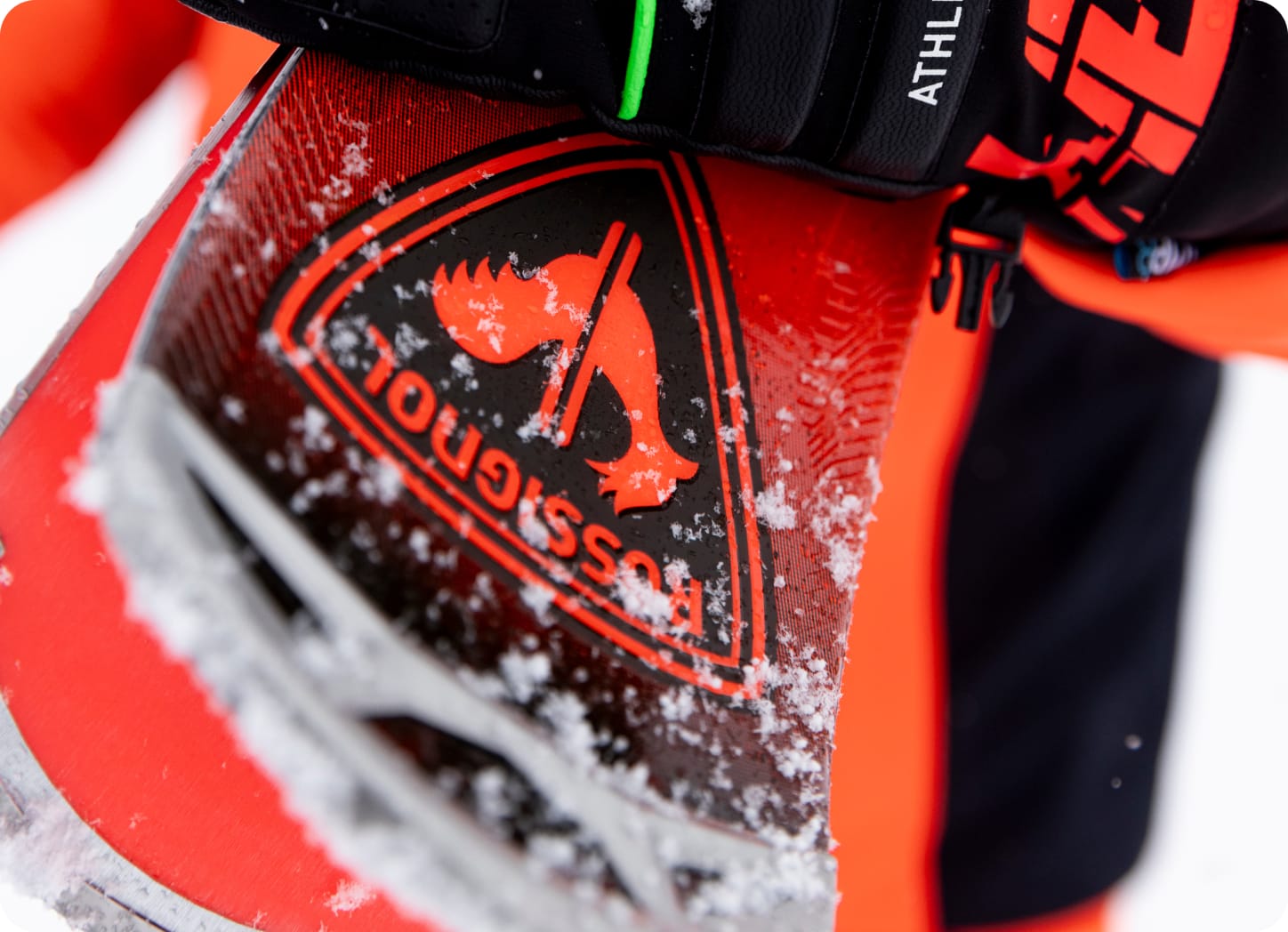 Gros plan sur une paire de skis Hero Elite ST Ti recouverts de neige