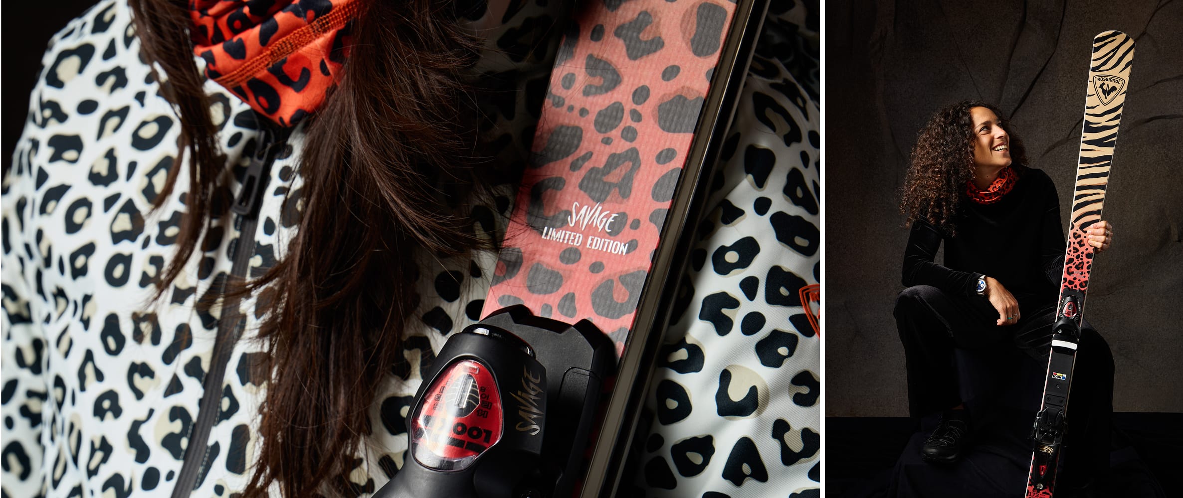 Close-up of the word "savage" written on a ski. Federica Brignone holding and looking at her Savage ski
