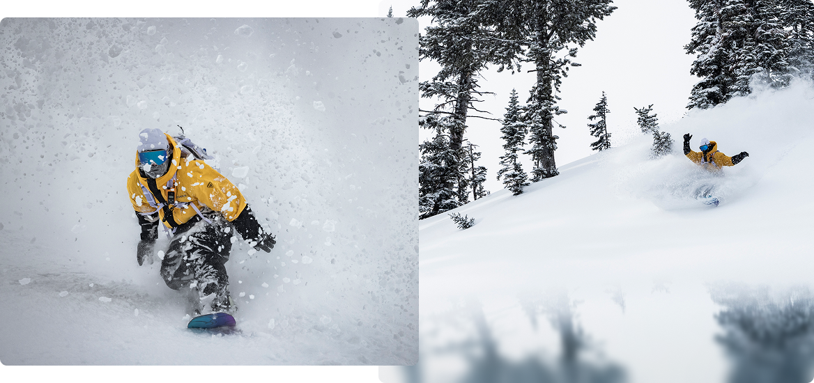 Snowboarder in action, kicking up fresh powder snow while riding a Rossignol snowboard