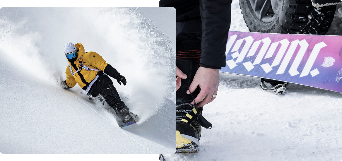 Snowboarder in action with one hand on the snow, kicking up fresh powder while riding a Rossignol snowboard