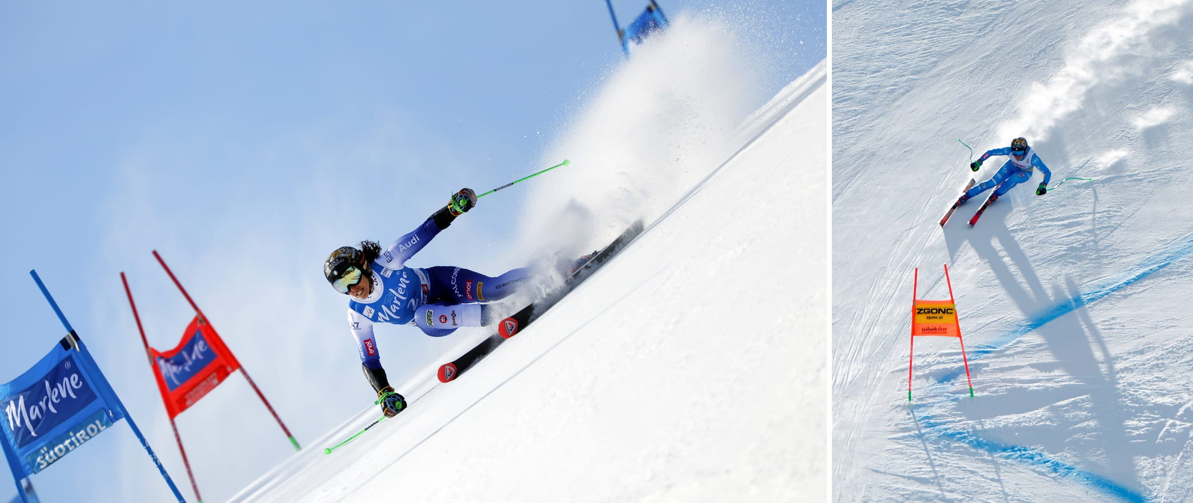 2 images of Federica Brignone in alpine skiing competition. She has Rossignol skis and is wearing her legendary helmet with a tiger drawn on it.