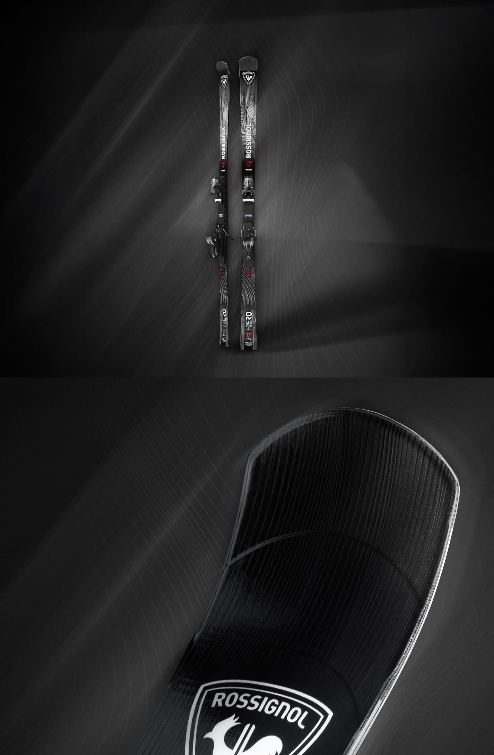 Foto der Rossignol Hero Master 2627 Ski mit einem aufwendigen schwarz-grauen Hintergrund, der Schatten und Farbstriche kombiniert