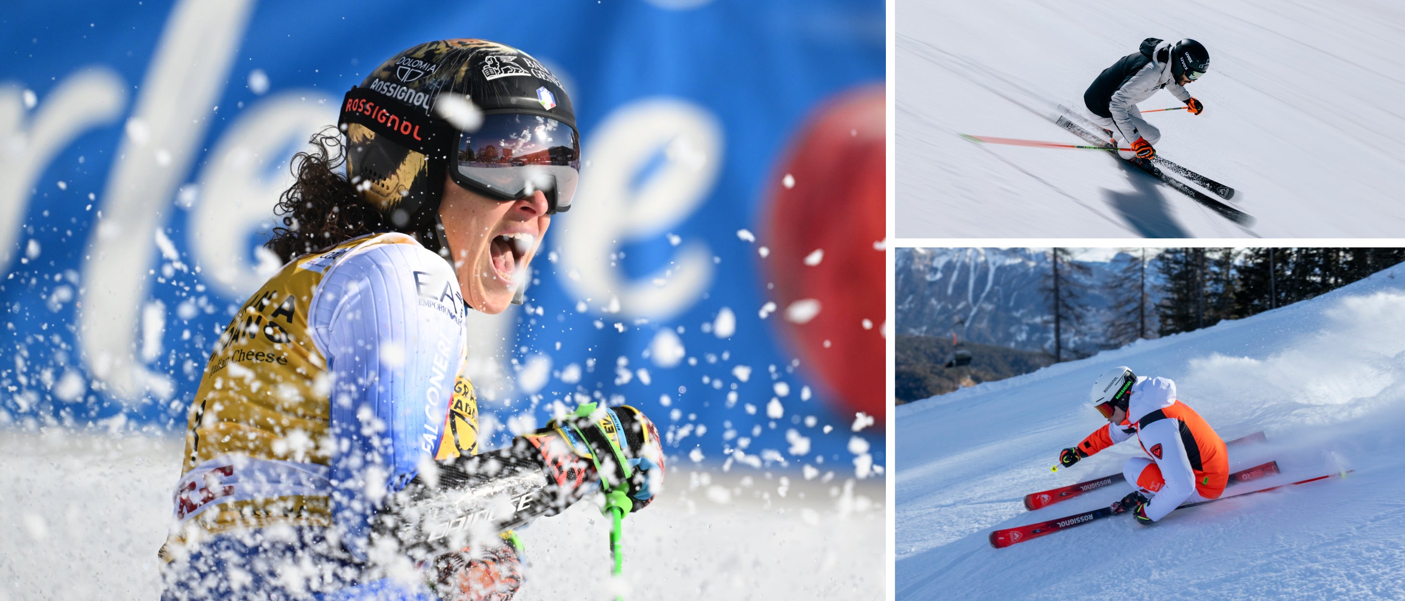 Federica Brignone célébrant sa performance, portant son casque avec un tigre &nbsp;Skieur en pleine descente rapide sur une piste enneigée, portant une combinaise noire et blanche Skieur engagé dans une course de slalom géant, franchissant les portes&nbsp;