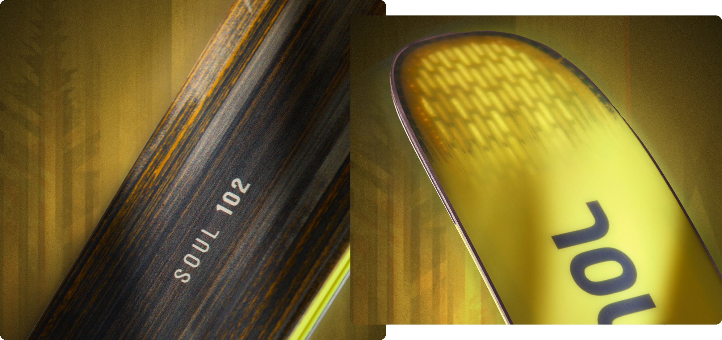 Close‑up views of Rossignol Soul 102 skis, showing the textured brown and yellow surface and the translucent yellow ski tip with a glowing pattern, set against a warm forest‑themed background.