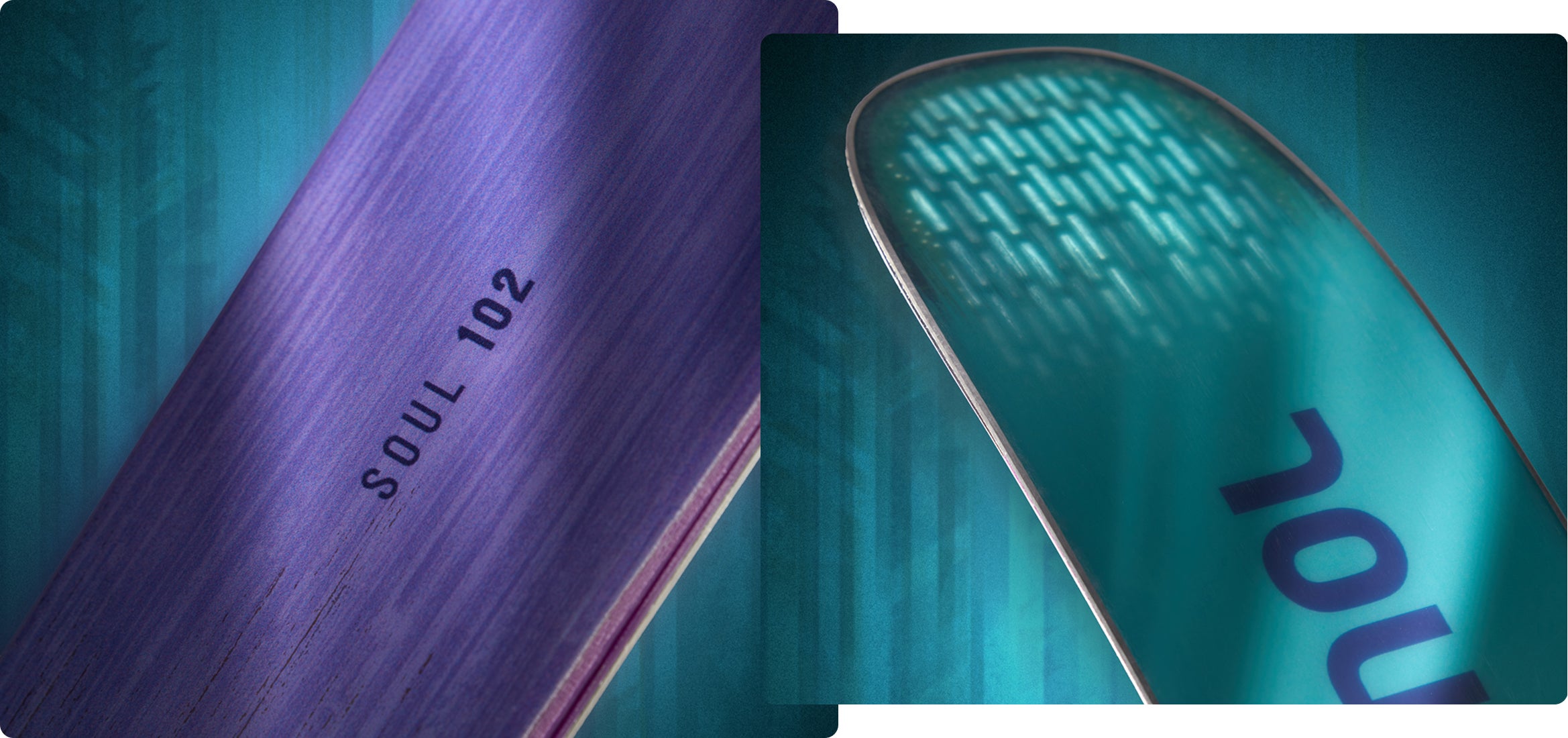 Close‑up views of Rossignol Soul 102 skis, showing the purple textured surface and the turquoise ski tip with a glowing pattern, set against a blue forest‑themed background.