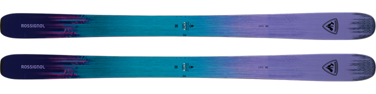 Pair of Rossignol Soul 102 skis shown flat, featuring a blue‑to‑purple gradient design with visible technical markings on the top surface.