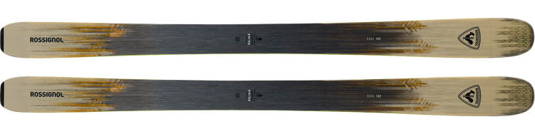 Pair of Rossignol Soul 102 skis shown flat, featuring a beige‑to‑black gradient design with graphic detailing on the top surface.