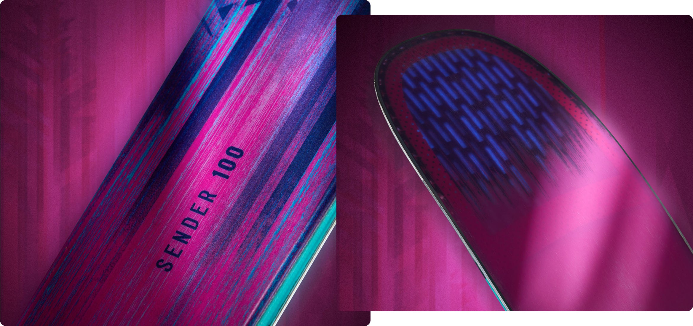 Close‑up views of Rossignol Sender 100 skis, highlighting the textured surface in pink, purple and blue tones, and the ski tip with a glowing pattern against a vibrant background.