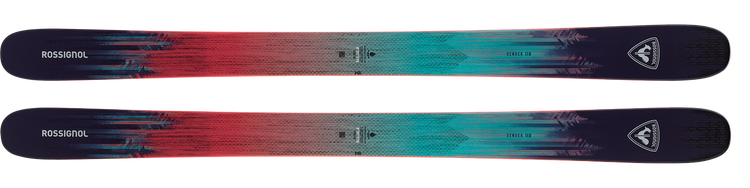 Ein Paar Rossignol Sender 110 Ski, flach präsentiert, mit einem Farbverlauf von Rot zu Türkis und Dunkelblau sowie grafischen Details auf der Oberfläche.