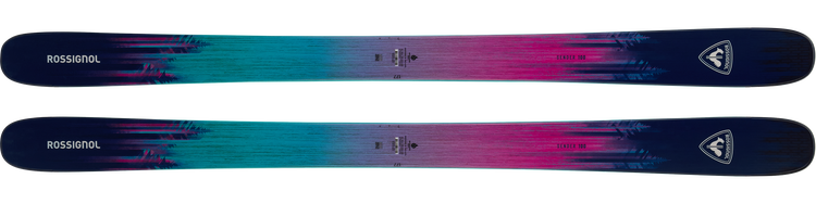Pair of Rossignol Sender 100 skis shown flat, featuring a blue, turquoise, and pink gradient design with graphic detailing on the top surface.