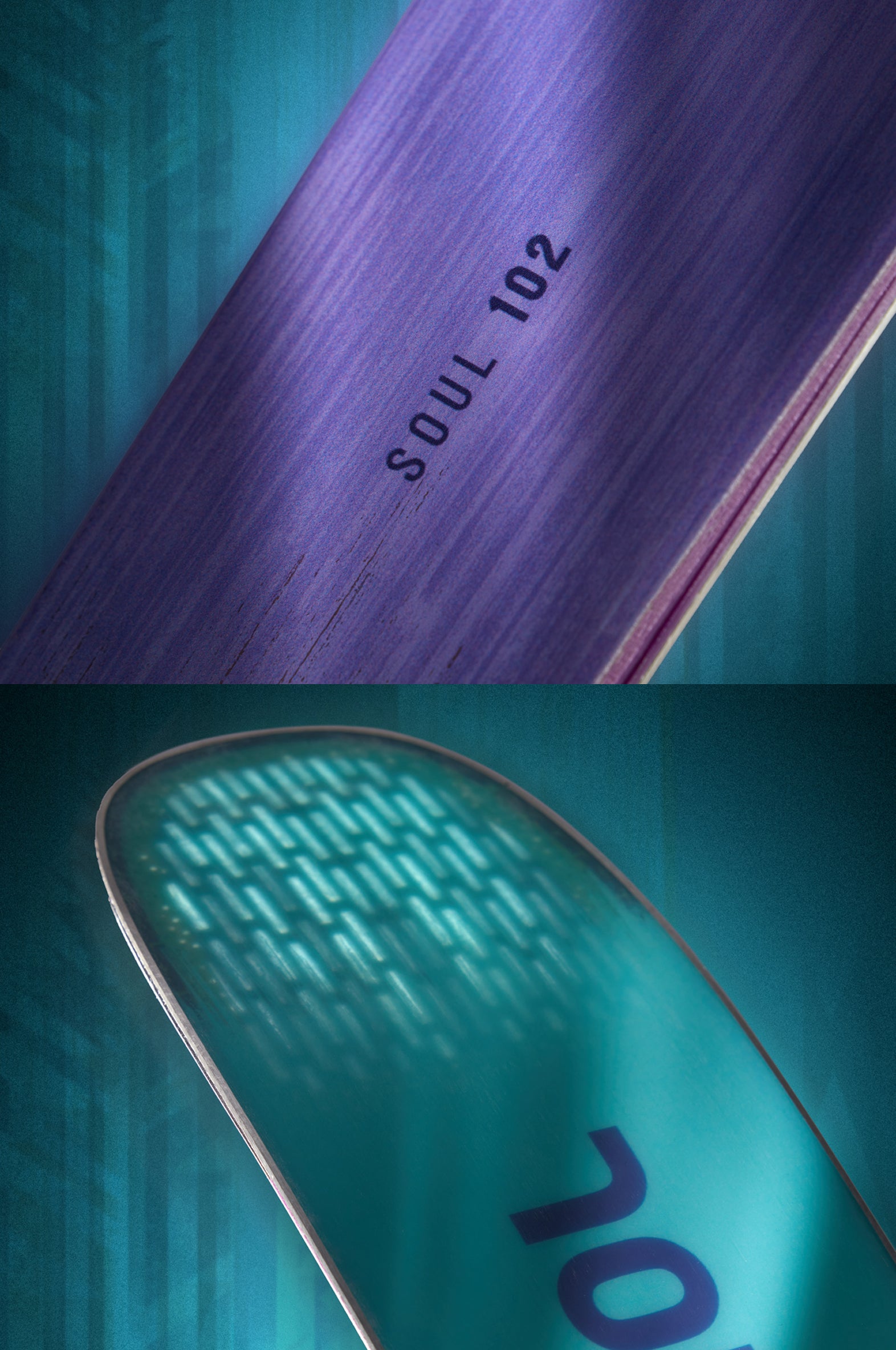 Close‑up views of Rossignol Soul 102 skis, showing the purple textured surface and the turquoise ski tip with a glowing pattern, set against a blue forest‑themed background.