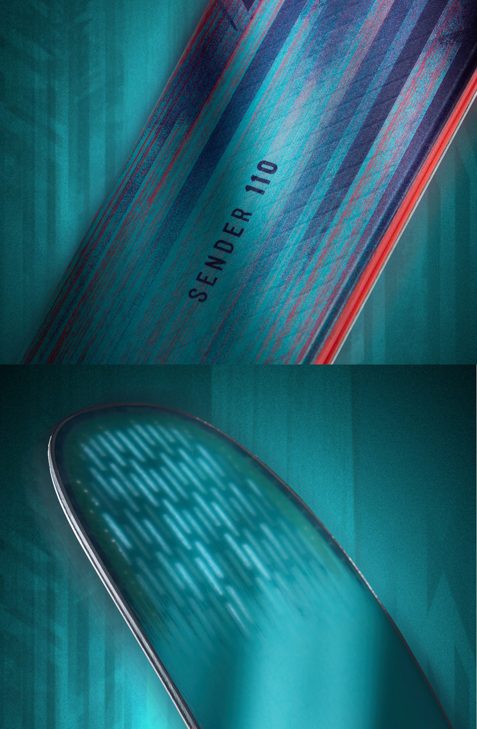 Detailaufnahmen der Rossignol Sender 110 Ski mit einer strukturierten Oberfläche in Türkis‑, Blau‑ und Rottönen sowie einer Skispitze mit leuchtendem Muster vor einem waldähnlichen Hintergrund.
