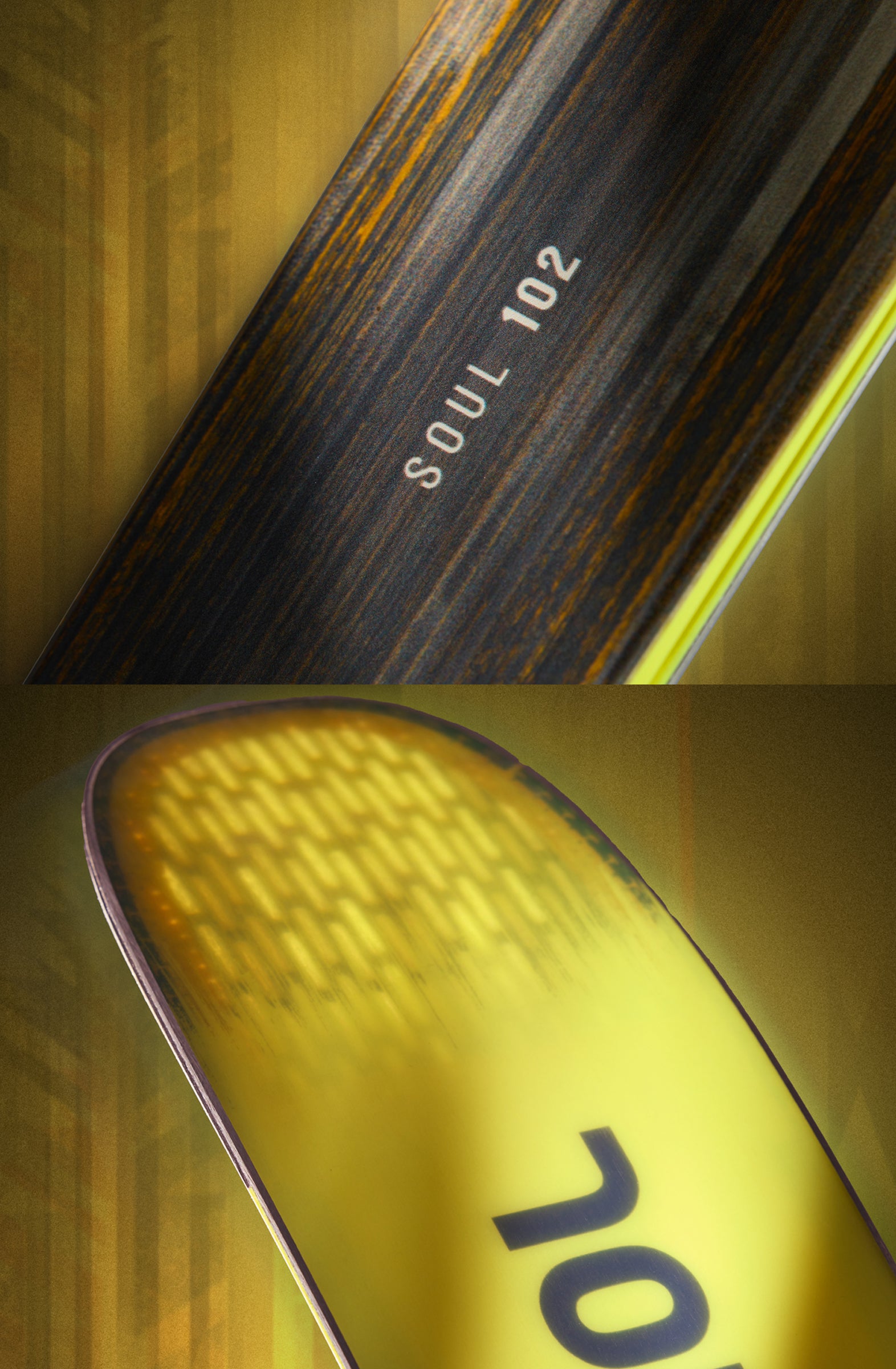 Close‑up views of Rossignol Soul 102 skis, showing the textured brown surface and the translucent yellow ski tip with a glowing pattern, set against a warm forest‑themed background.
