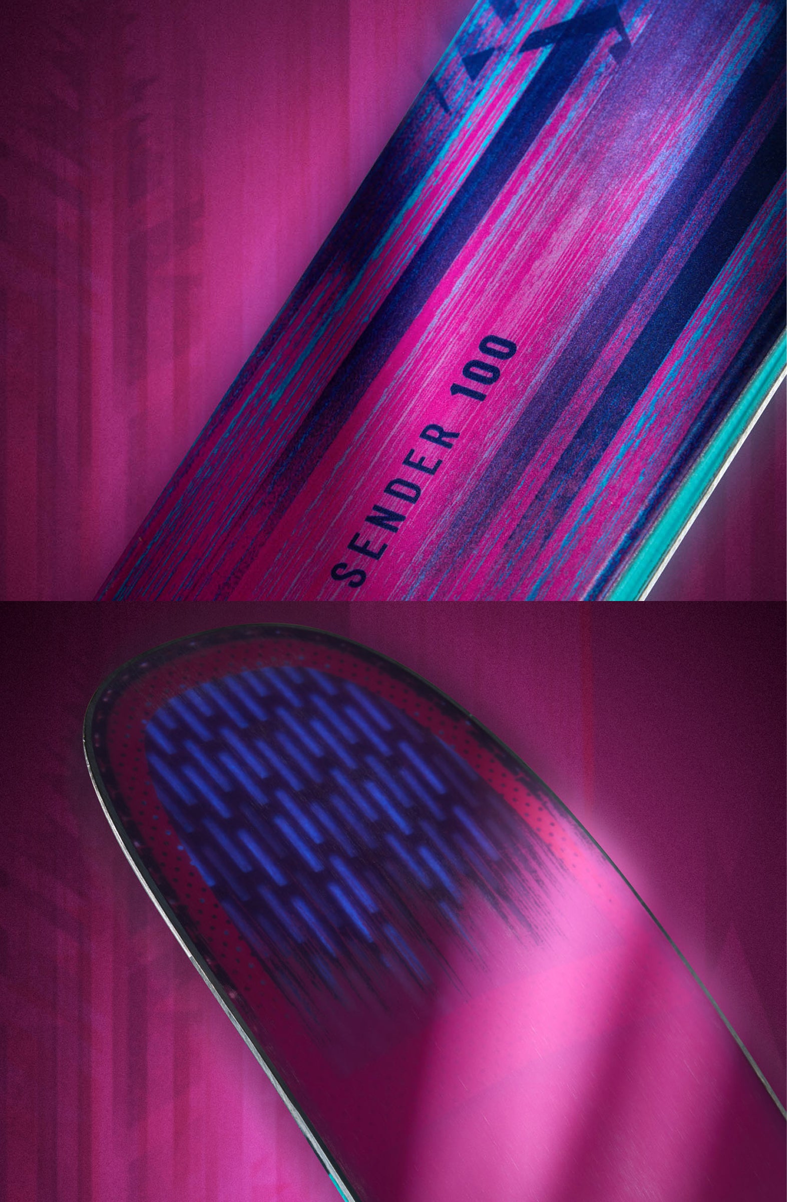 Close‑up views of Rossignol Sender 100 skis, highlighting the textured surface in pink, purple and blue tones, and the ski tip with a glowing pattern against a vibrant background.