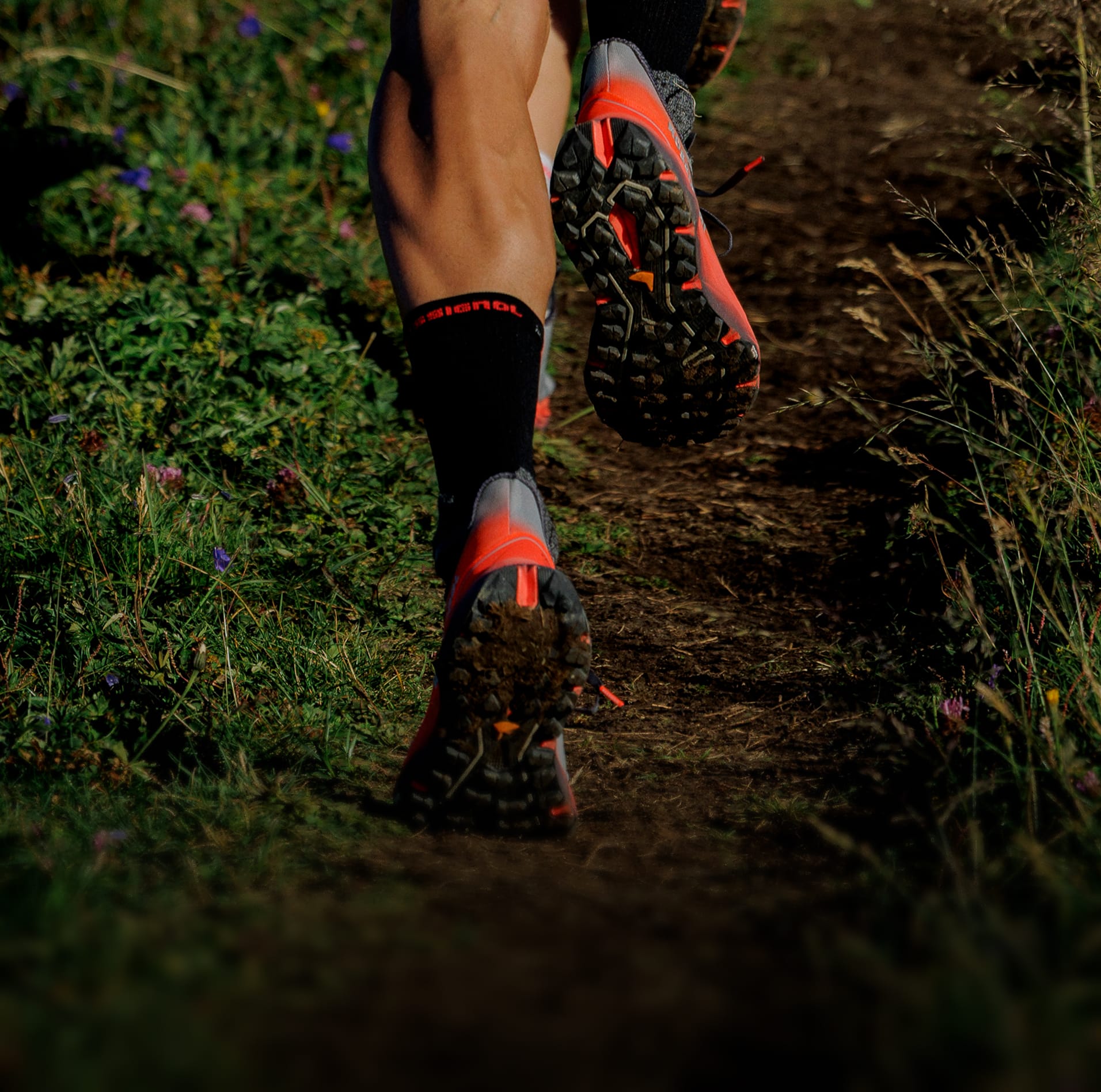 Close-up of trail running shoes on a narrow dirt and gravel path, with low vegetation lit by warm light.