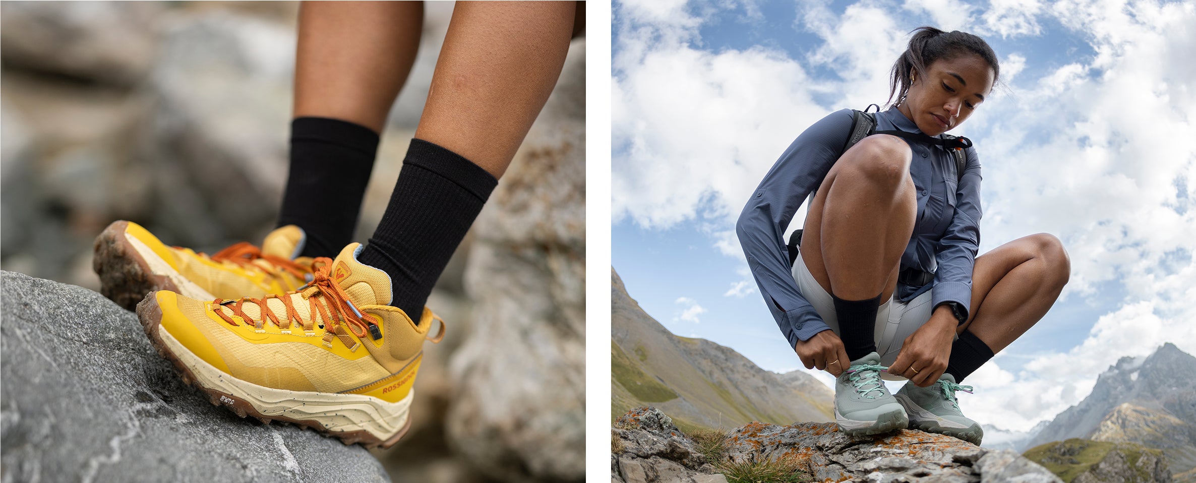  Deux gros plans de chaussures de randonnée en situation : à gauche, une paire de chaussures jaunes posées sur des rochers ; à droite, une personne en tenue de randonnée ajuste ses chaussures sur un terrain rocheux en montagne.