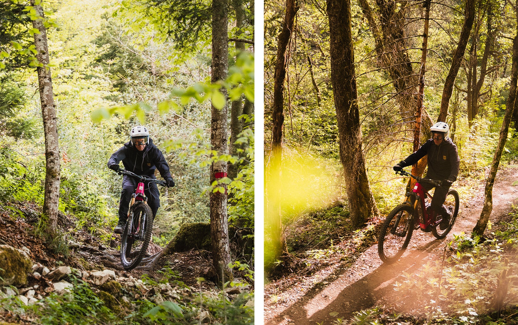 Rider on a Rossignol electric mountain bike navigating technical forest trails, riding over rocky sections and taking a sharp turn on a dirt path surrounded by trees and dense vegetation.