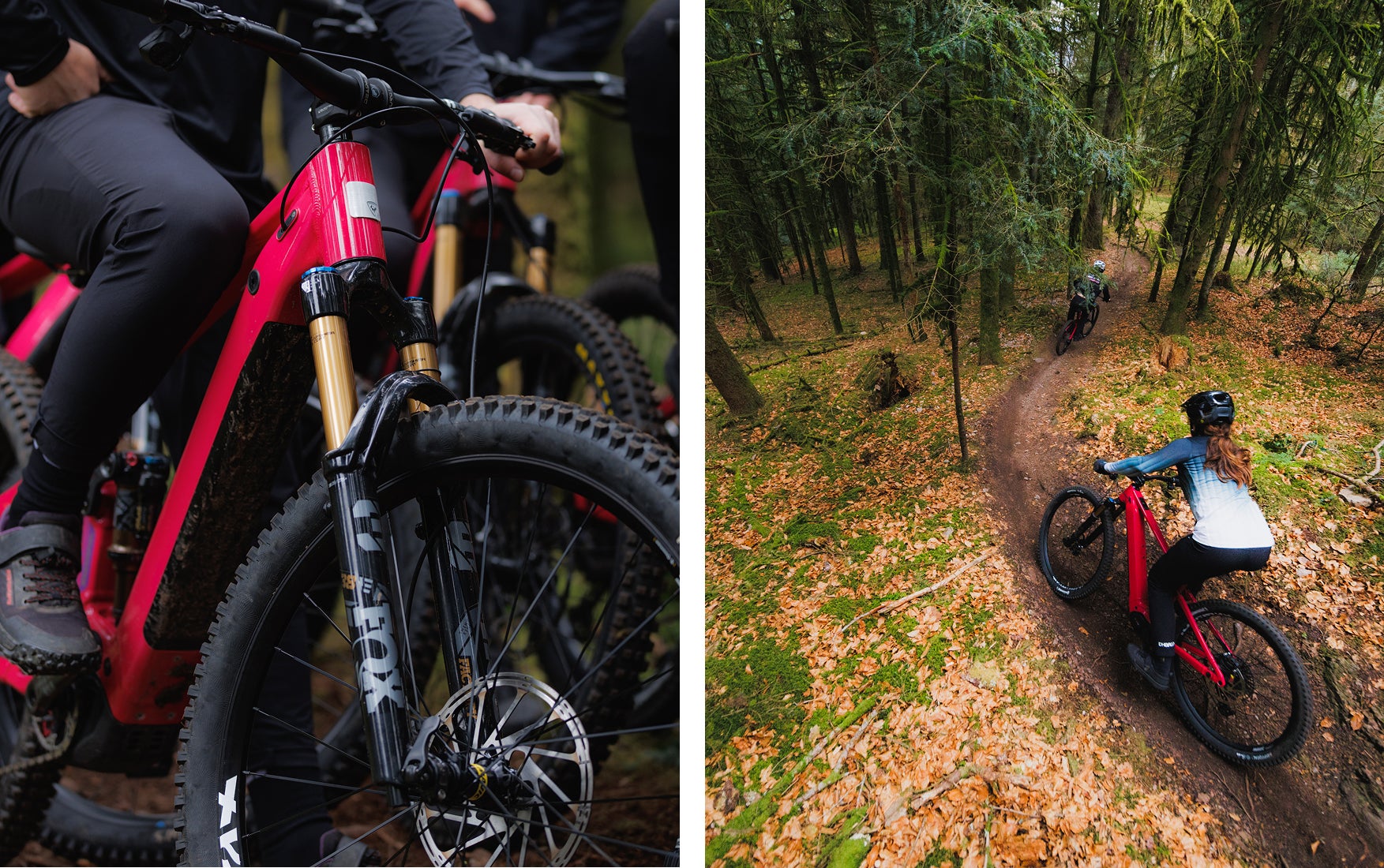Riders on Rossignol After Hours electric mountain bikes riding along forest trails, with a close-up of the red bike’s front section and a top-down view showing progression on a narrow leaf-covered path in the woods.