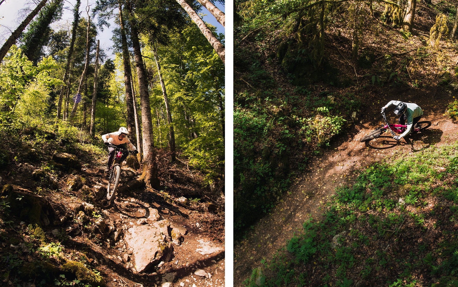 Rider on a Rossignol electric mountain bike navigating technical forest trails, riding over rocky sections and taking a sharp turn on a dirt path surrounded by trees and dense vegetation.
