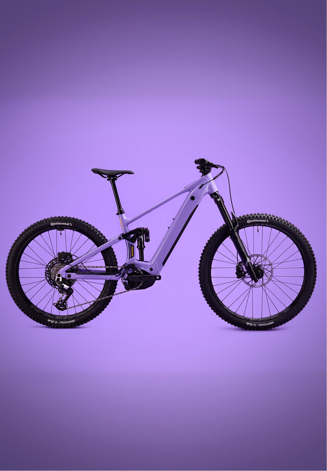 Light purple Rossignol After Hours Eagle 90 electric mountain bike shown in side view, featuring full suspension, wide tires, and a sturdy frame on a plain purple background.
