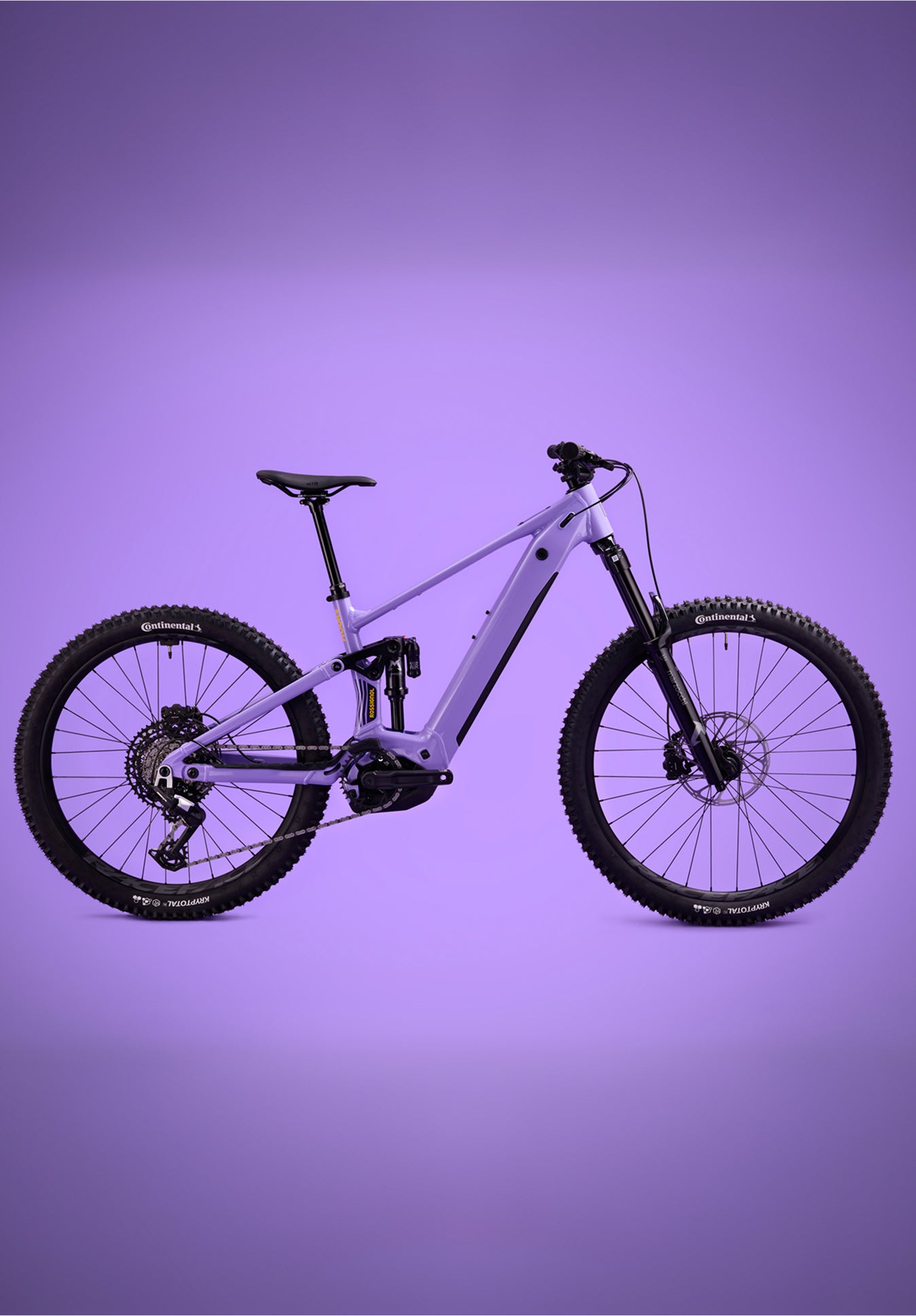 Light purple Rossignol After Hours Eagle 90 electric mountain bike shown in side view, featuring full suspension, wide tires, and a sturdy frame on a plain purple background.
