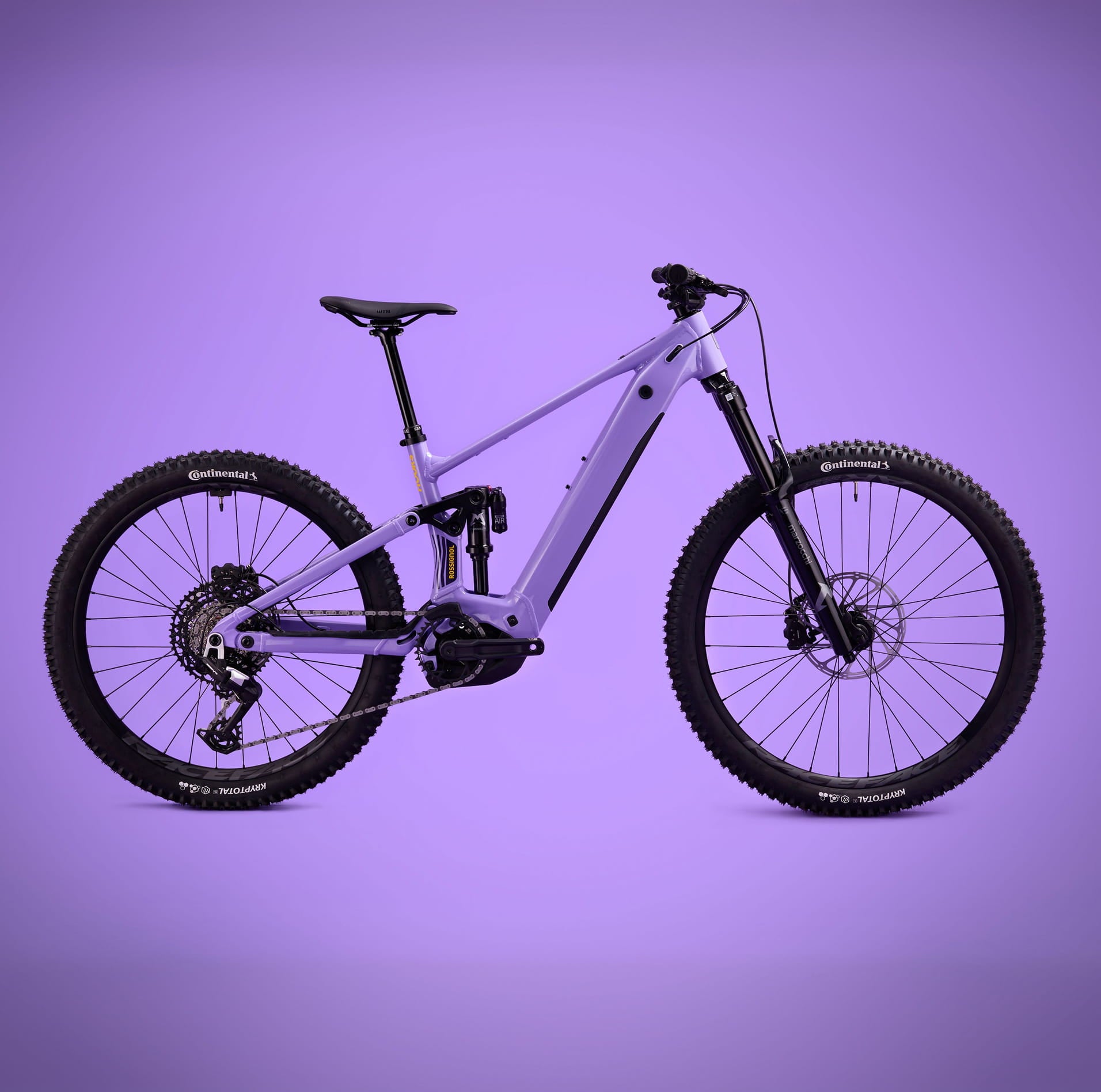 The Rossignol After Hours Eagle 90 bike against a lilac background. The bike is purple-colored.
